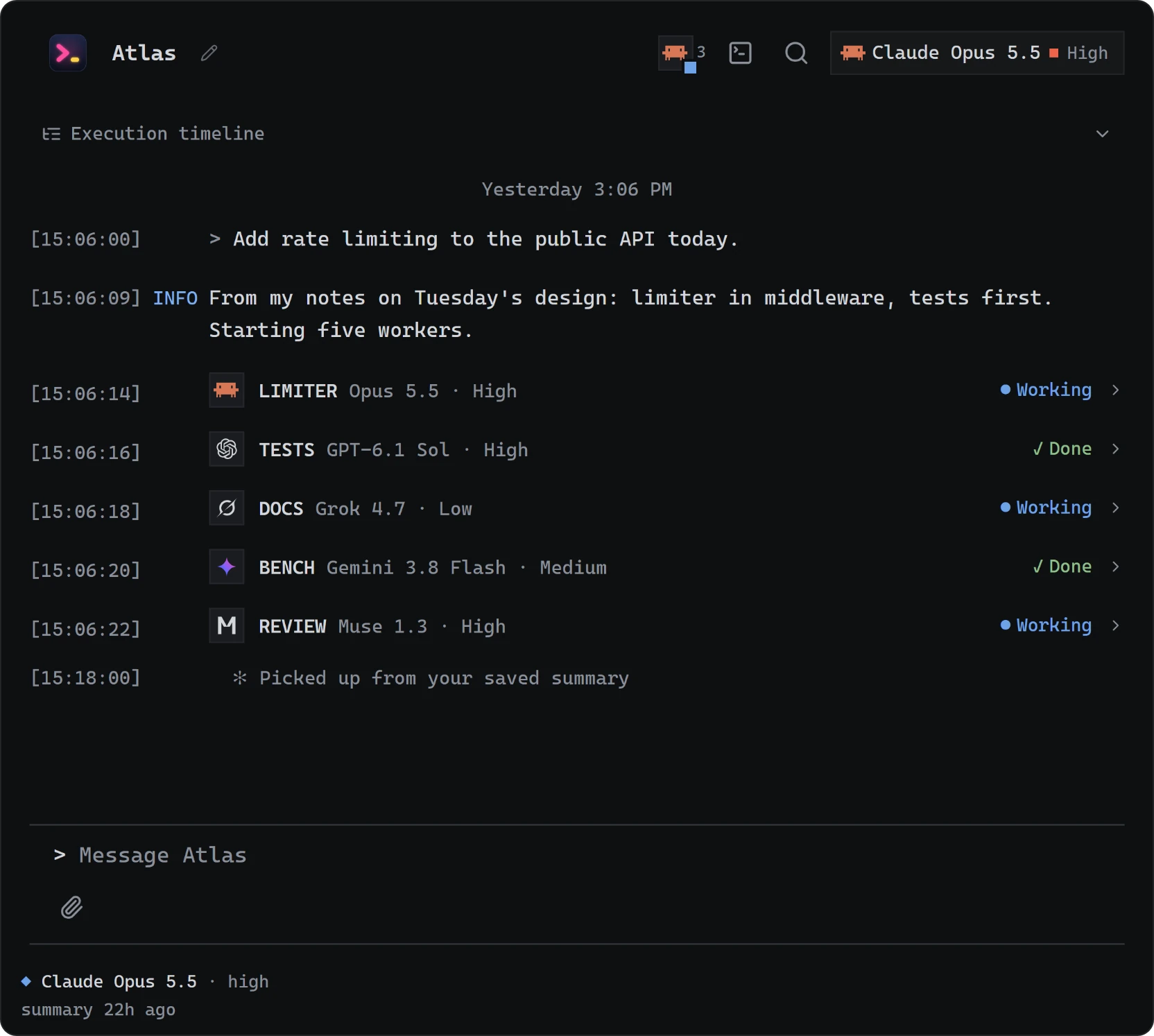 The Logfile theme: every line stamped with a time, the reply marked INFO.