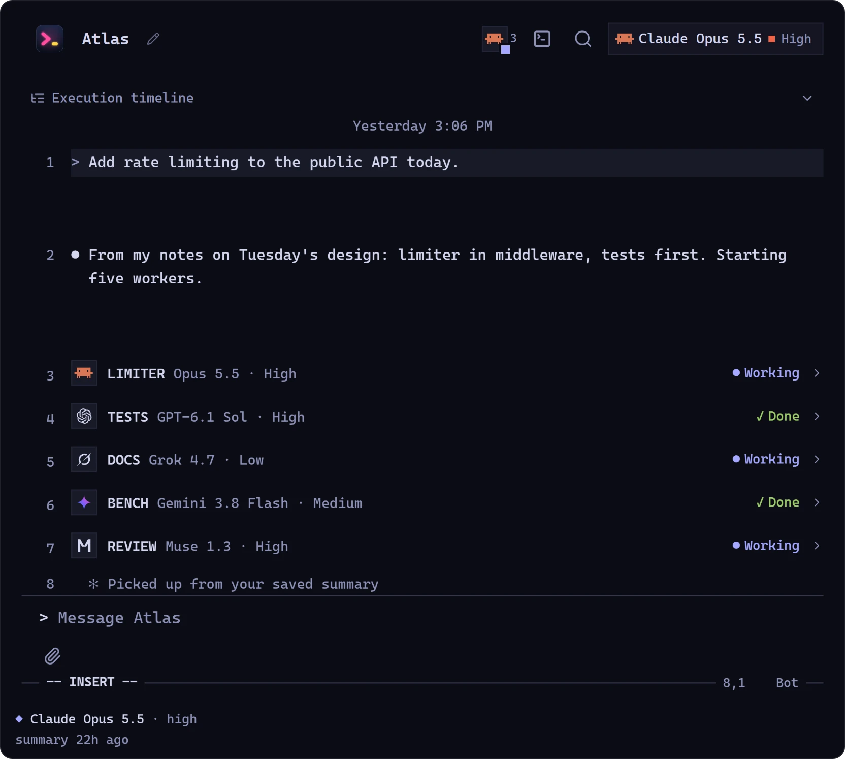 The Modal theme: worker rows with vim-style line numbers and -- INSERT -- under the message box.