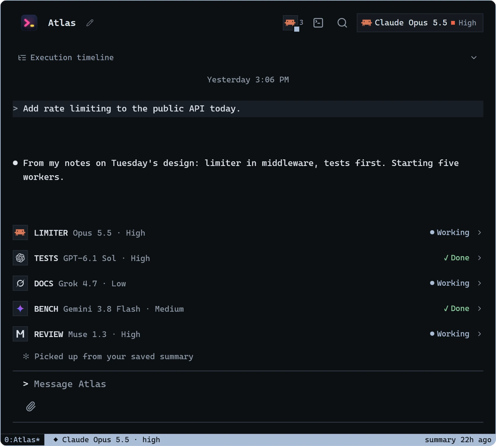The Multiplexer theme: worker rows over a tmux-style status bar that reads 0:Atlas* and Claude Opus 5.5 high.