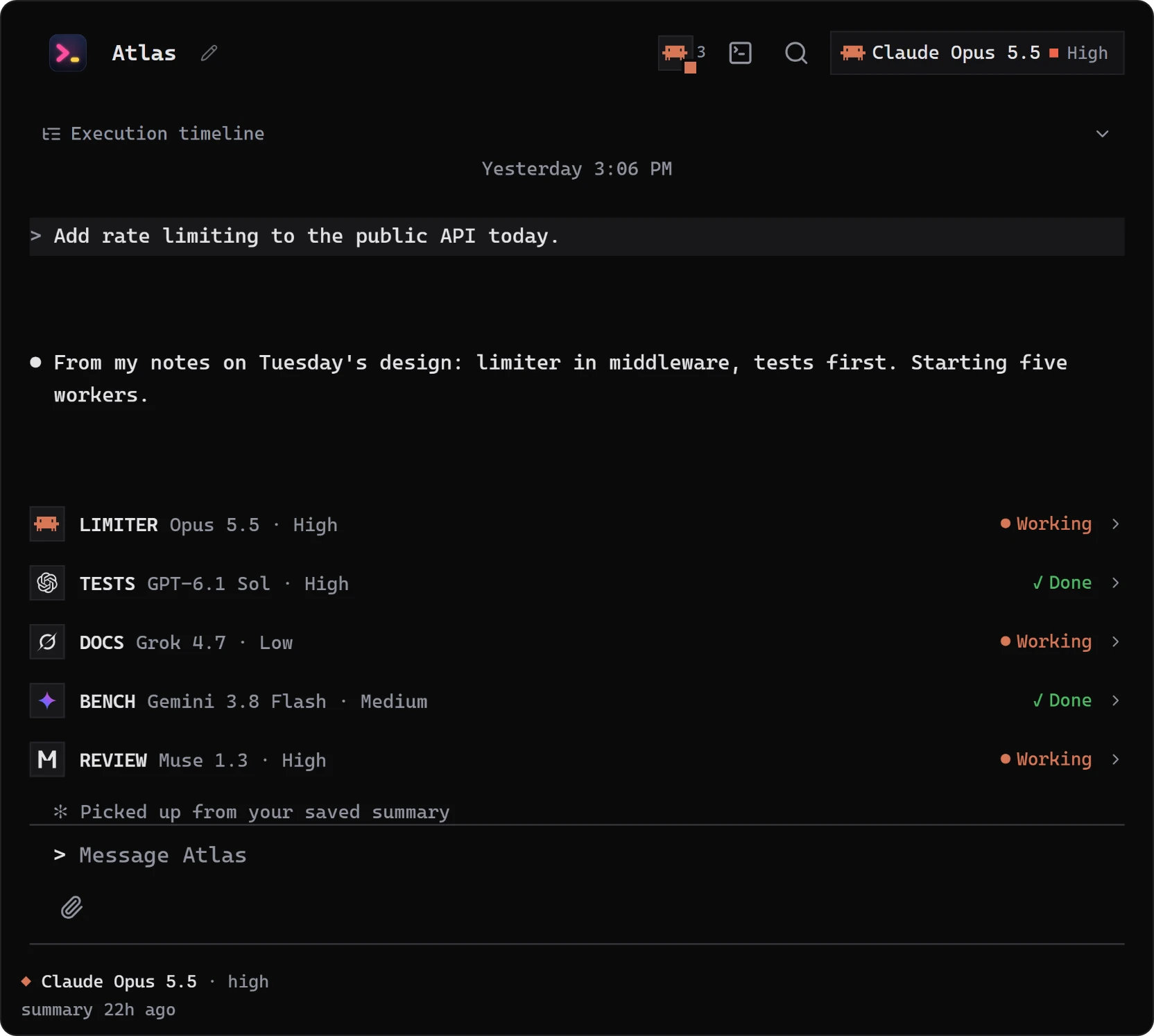 The Terminal theme: a > prompt, bullet replies and worker rows in monospace.
