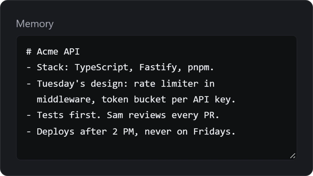 Atlas's Memory box with its MEMORY.md notes on the Acme API.