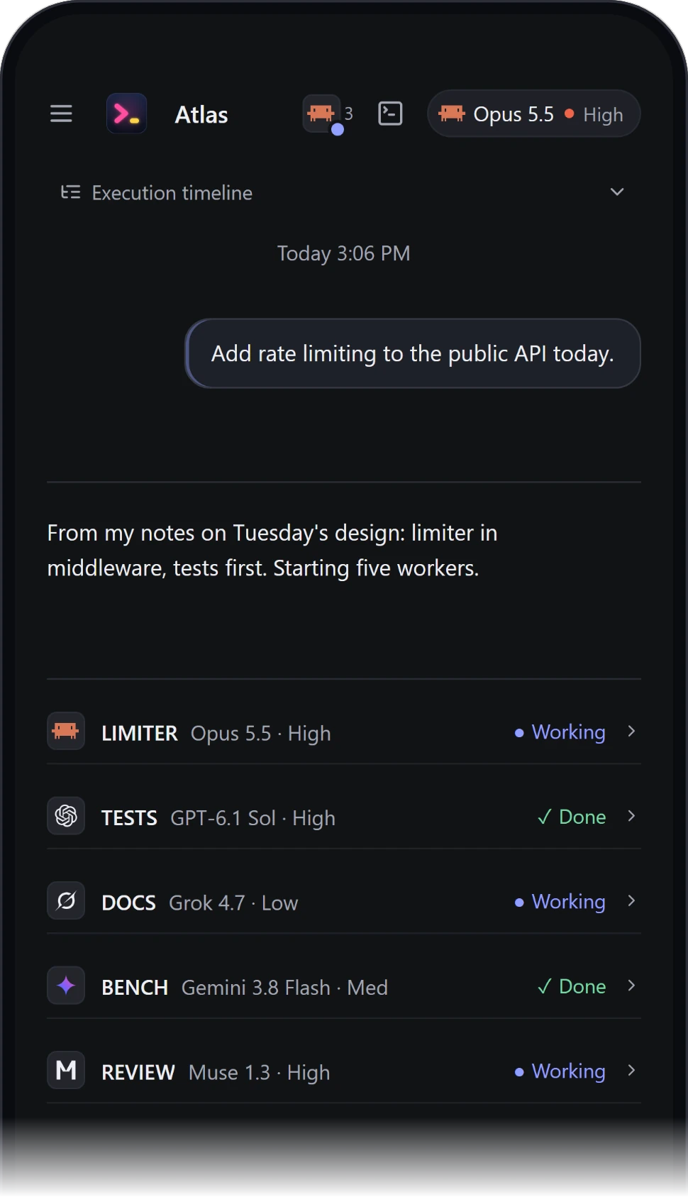 Atlas's chat and worker rows on a phone.
