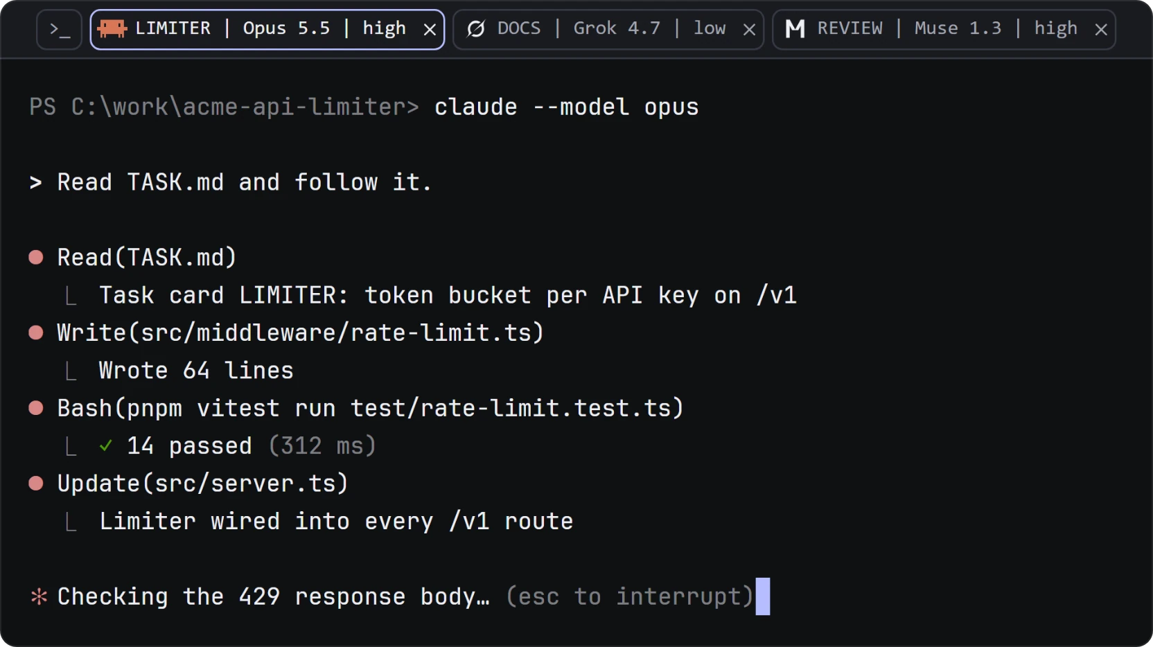 Terminal tabs labeled LIMITER, DOCS and REVIEW with model and effort, over the LIMITER worker's session.